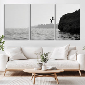 52284302-MGV-CV-36X24-Cliff Jumping Wall Art Canvas Print, Framed Ocean Adventure Art Picture Print, Black White Coast Perfect Modern Coastal Decor