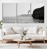 52284302-MGV-CV-36X24-Cliff Jumping Wall Art Canvas Print, Framed Ocean Adventure Art Picture Print, Black White Coast Perfect Modern Coastal Decor