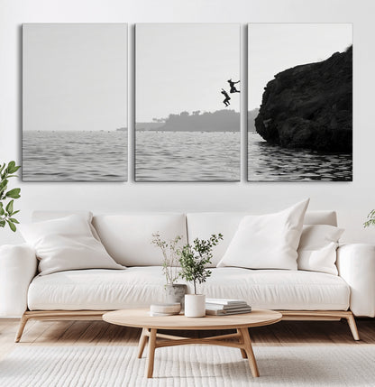 52284302-MGV-CV-36X24-Cliff Jumping Wall Art Canvas Print, Framed Ocean Adventure Art Picture Print, Black White Coast Perfect Modern Coastal Decor