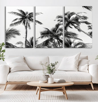 46641801-MGV-CV-60X30-3P-Palm Tree Wall Art Canvas Print, Framed Black White Tropics Art Picture Print, Monochrome Palms Perfect Modern Tropical Minimalist