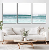 56345117-MGV-CV-60X30-3P-Minimalist Surfing Wall Art Canvas Print, Framed Ocean Waves Art Picture Print, Soft Ocean Perfect Minimalist Coastal Decor