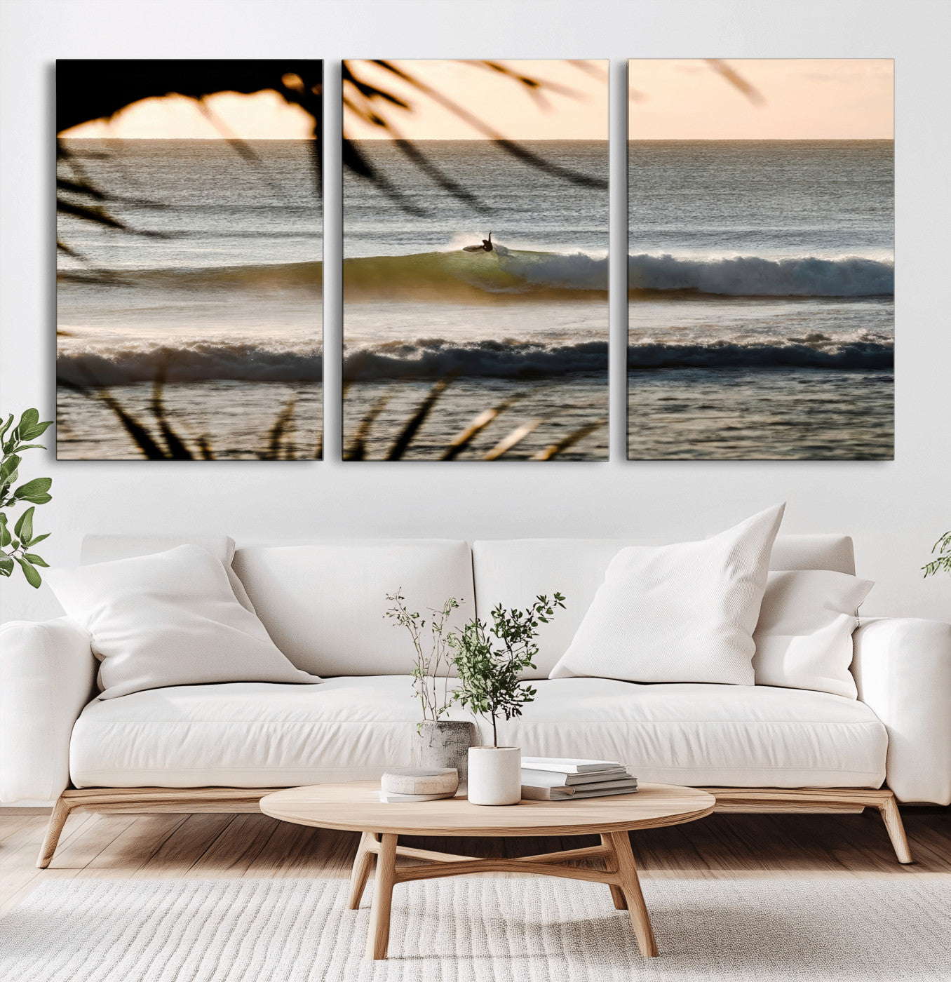 24896468-MGV-CV-60X30-3P-Sunset Surf Wall Art Canvas Print, Framed Golden Waves Art Picture Print, Tropical Ocean Perfect Tropical Boho Decor Artwork
