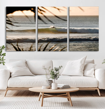 24896468-MGV-CV-36X24-Sunset Surf Wall Art Canvas Print, Framed Golden Waves Art Picture Print, Tropical Ocean Perfect Tropical Boho Decor Artwork
