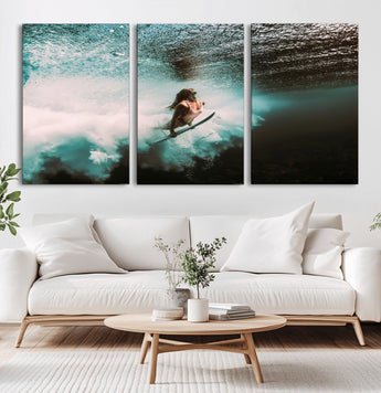 85923512-MGV-CV-60X30-3P-Aquatic Motion Wall Art Canvas Print, Framed Underwater Swimming Art Picture Print, Female Surfer Diving Perfect Coastal Boho