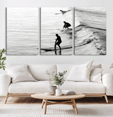 19875284-MGV-CV-60X30-3P-Surfer Waves Wall Art Canvas Print, Framed Black White Surf Art Picture Print, Monochrome Ocean Perfect Modern Coastal Decor