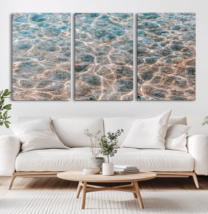 26580287-MGV-CV-60X30-3P-Clear Water Wall Art Canvas Print, Framed Sunlit Ripples Art Picture Print, Ocean Texture Perfect Modern Coastal Decor Artwork