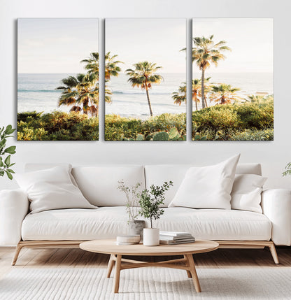 94707294-MGV-CV-60X30-3P-California Coast Wall Art Canvas Print, Framed Palm Trees Art Picture Print, Coastal Landscape Perfect Coastal Minimalist Decor