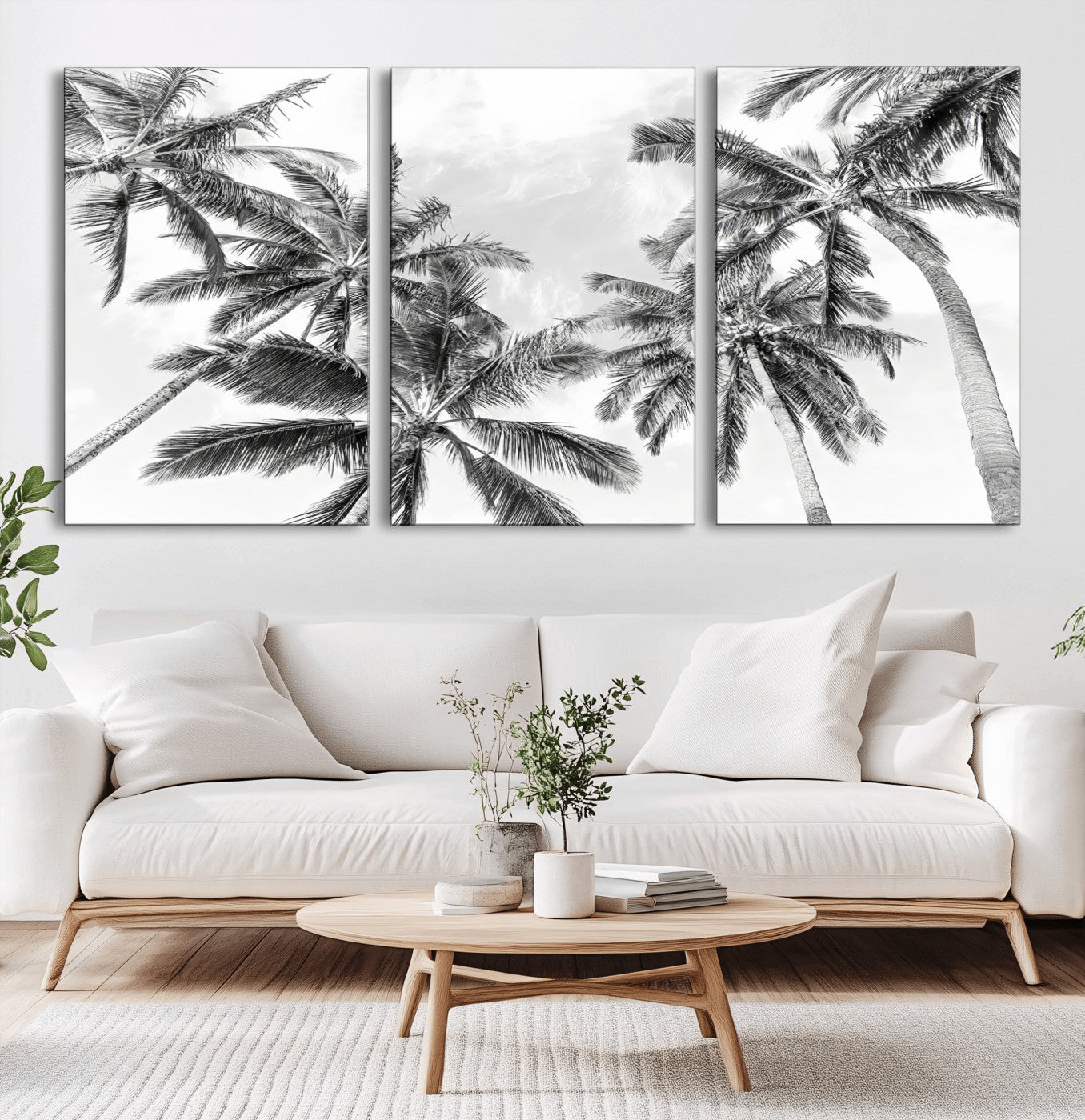 62113786-MGV-CV-60X30-3P-Black White Palm Wall Art Canvas Print, Framed Monochrome Tropics Art Picture Print, Minimalist Beach Perfect Coastal Minimalist