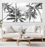 62113786-MGV-CV-60X30-3P-Black White Palm Wall Art Canvas Print, Framed Monochrome Tropics Art Picture Print, Minimalist Beach Perfect Coastal Minimalist