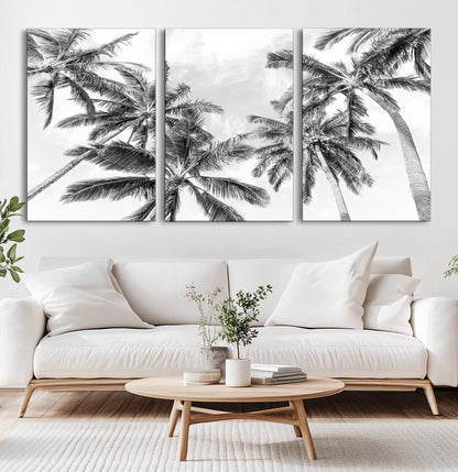 62113786-MGV-CV-60X30-3P-Black White Palm Wall Art Canvas Print, Framed Monochrome Tropics Art Picture Print, Minimalist Beach Perfect Coastal Minimalist