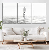 98446901-MGV-CV-60X30-3P-Monochrome Surf Wall Art Canvas Print, Framed Minimalist Surfer Art Picture Print, Surfboard Silhouette Perfect Coastal Minimalist