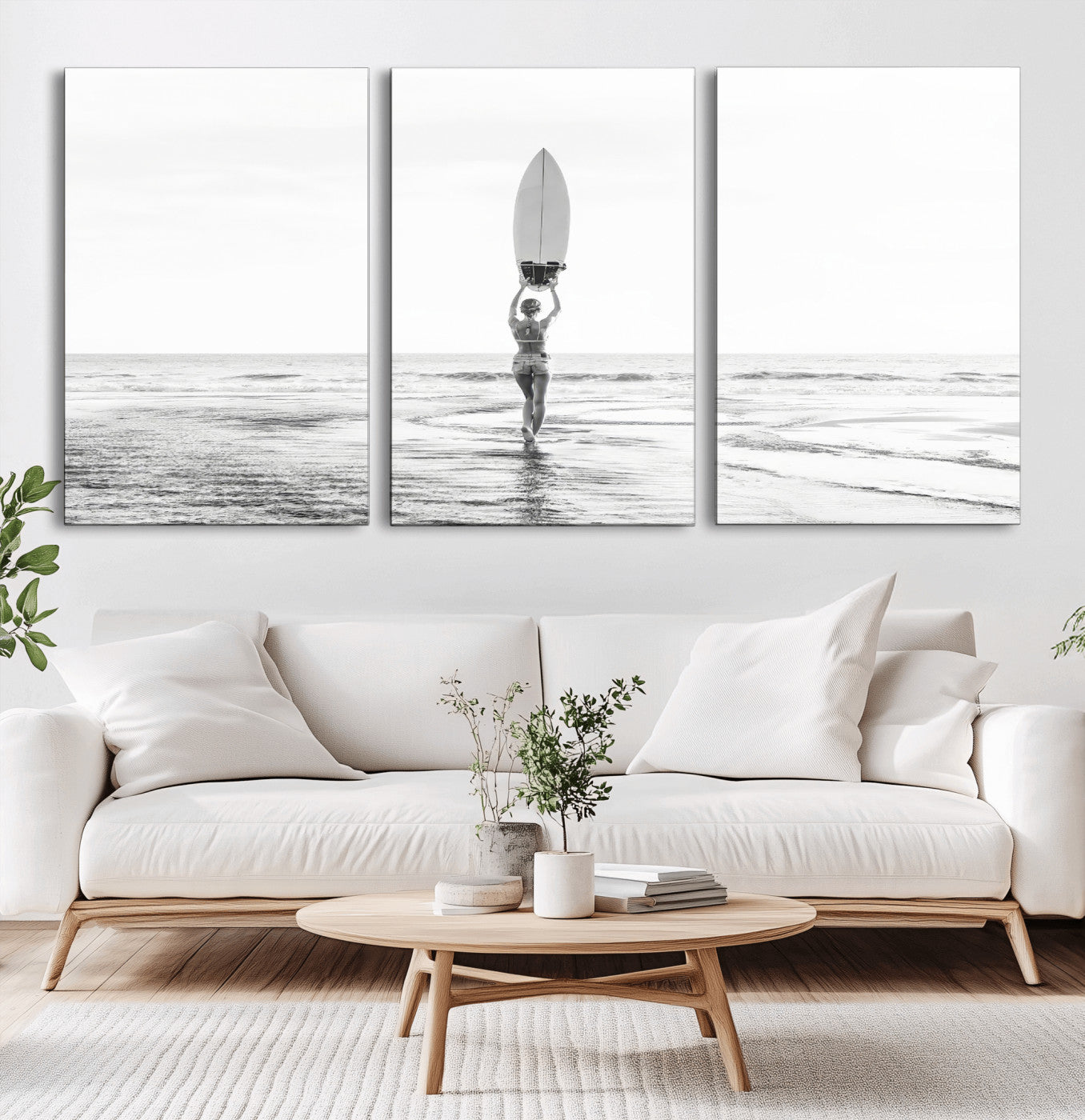 98446901-MGV-CV-36X24-Monochrome Surf Wall Art Canvas Print, Framed Minimalist Surfer Art Picture Print, Surfboard Silhouette Perfect Coastal Minimalist