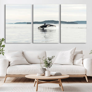 10157174-MGV-CV-36X24-Orca Whale Wall Art Canvas Print, Framed Black White Whale Art Picture Print, Minimalist Ocean Perfect Coastal Minimalist Decor