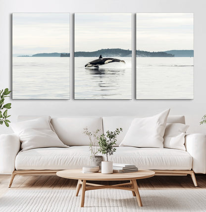 10157174-MGV-CV-36X24-Orca Whale Wall Art Canvas Print, Framed Black White Whale Art Picture Print, Minimalist Ocean Perfect Coastal Minimalist Decor