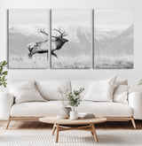 62278753-MGV-CV-60X30-3P-Monochrome Elk Wall Art Canvas Print, Framed Mountain Wildlife Art Picture Print, Rustic Nature Perfect Rustic Minimalist Decor