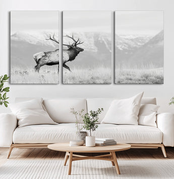62278753-MGV-CV-60X30-3P-Monochrome Elk Wall Art Canvas Print, Framed Mountain Wildlife Art Picture Print, Rustic Nature Perfect Rustic Minimalist Decor