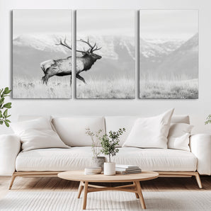 62278753-MGV-CV-36X24-Monochrome Elk Wall Art Canvas Print, Framed Mountain Wildlife Art Picture Print, Rustic Nature Perfect Rustic Minimalist Decor