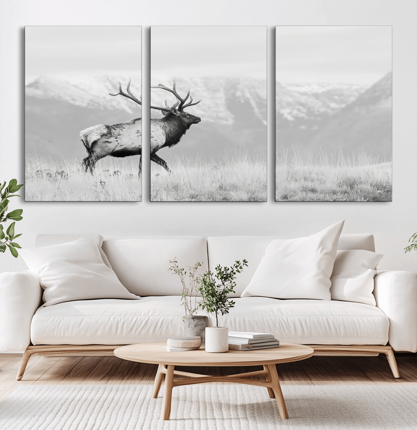 62278753-MGV-CV-36X24-Monochrome Elk Wall Art Canvas Print, Framed Mountain Wildlife Art Picture Print, Rustic Nature Perfect Rustic Minimalist Decor