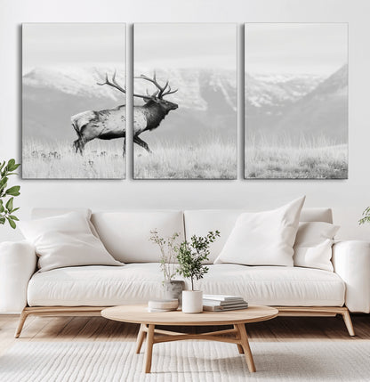 62278753-MGV-CV-36X24-Monochrome Elk Wall Art Canvas Print, Framed Mountain Wildlife Art Picture Print, Rustic Nature Perfect Rustic Minimalist Decor