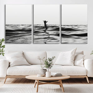 69541918-MGV-CV-36X24-Black White Ocean Wall Art Canvas Print, Framed Moody Seascape Art Picture Print, Surfer Sign Perfect Moody Minimalist Decor