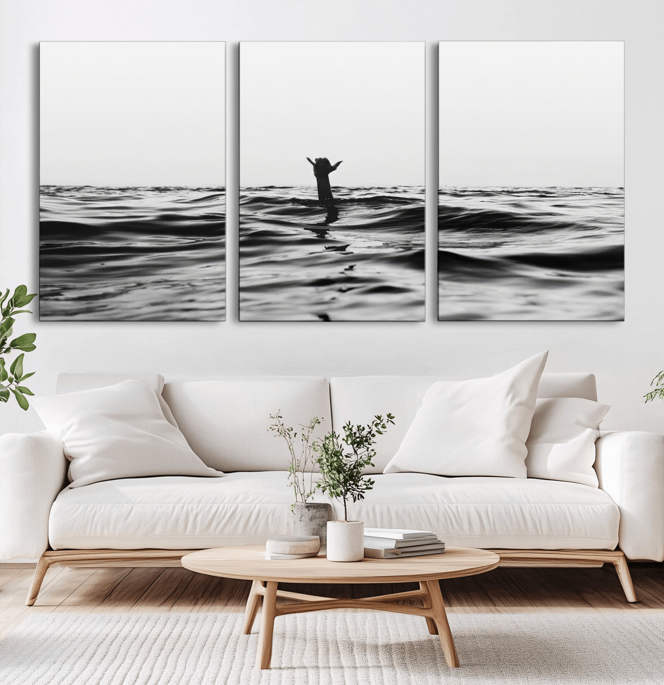 69541918-MGV-CV-36X24-Black White Ocean Wall Art Canvas Print, Framed Moody Seascape Art Picture Print, Surfer Sign Perfect Moody Minimalist Decor