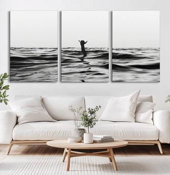 69541918-MGV-CV-36X24-Black White Ocean Wall Art Canvas Print, Framed Moody Seascape Art Picture Print, Surfer Sign Perfect Moody Minimalist Decor