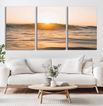 16973771-MGV-CV-60X30-3P-Calm Water Wall Art Canvas Print, Framed Sunset Waves Art Picture Print, Coastal Warmth Perfect Warm Minimalist Decor Artwork