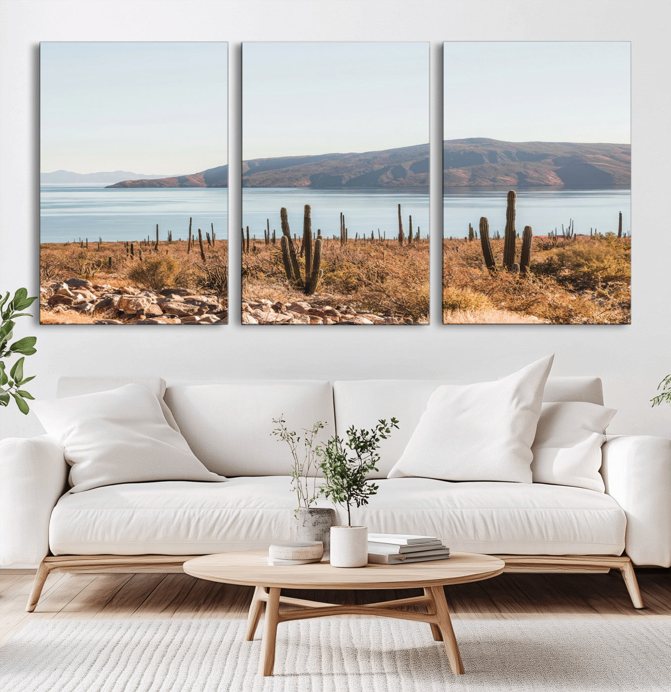 45193515-MGV-CV-36X24-Desert Cactus Wall Art Canvas Print, Framed Baja Coastline Art Picture Print, Coastal Desert Perfect Southwestern Minimalist Decor
