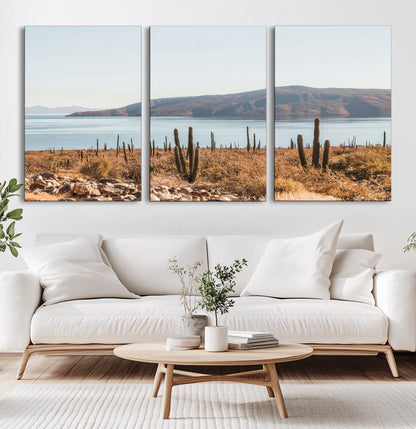 45193515-MGV-CV-36X24-Desert Cactus Wall Art Canvas Print, Framed Baja Coastline Art Picture Print, Coastal Desert Perfect Southwestern Minimalist Decor