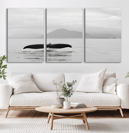 30524220-MGV-CV-36X24-Whale Tail Wall Art Canvas Print, Framed Black White Ocean Art Picture Print, Calm Marine Perfect Minimalist Coastal Decor Artwork