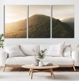 42338636-MGV-CV-60X30-3P-Golden Mountain Wall Art Canvas Print, Framed Misty Summit Art Picture Print, Rugged Landscape Perfect Moody Wilderness Decor