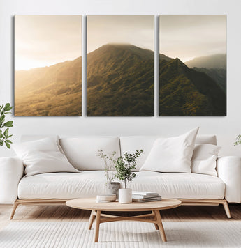 42338636-MGV-CV-60X30-3P-Golden Mountain Wall Art Canvas Print, Framed Misty Summit Art Picture Print, Rugged Landscape Perfect Moody Wilderness Decor