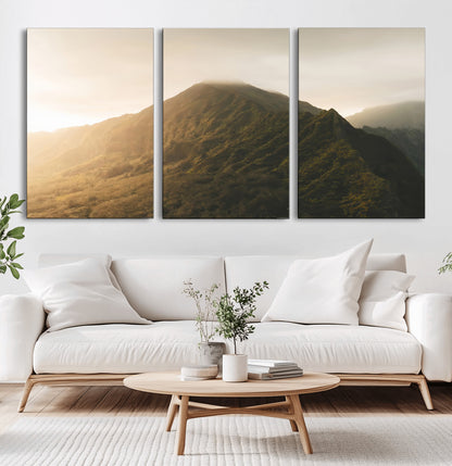 42338636-MGV-CV-60X30-3P-Golden Mountain Wall Art Canvas Print, Framed Misty Summit Art Picture Print, Rugged Landscape Perfect Moody Wilderness Decor