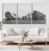 18810731-MGV-CV-36X24-Rugged Coastline Wall Art Canvas Print, Framed Ocean Cliffs Art Picture Print, Monochrome Seascape Perfect Coastal Minimalist