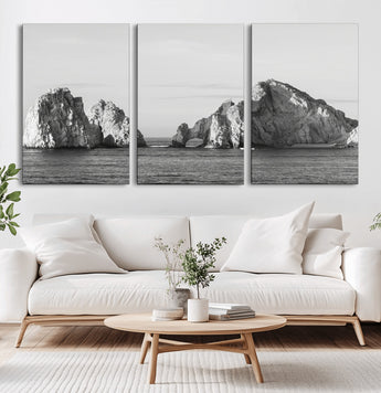 18810731-MGV-CV-36X24-Rugged Coastline Wall Art Canvas Print, Framed Ocean Cliffs Art Picture Print, Monochrome Seascape Perfect Coastal Minimalist