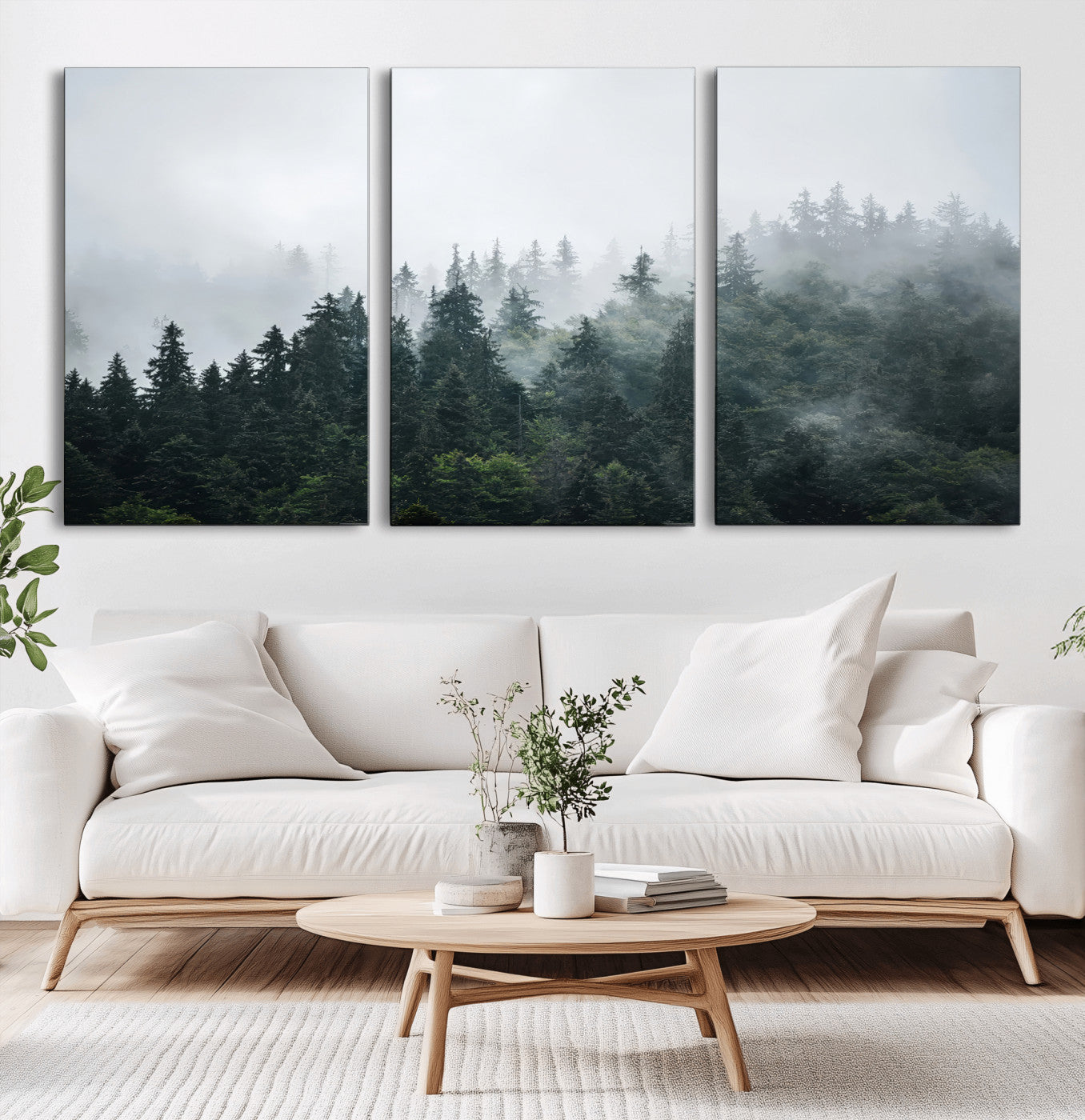 84146572-MGV-CV-36X24-Foggy Pine Trees Wall Art Canvas Print, Framed Forest Nature Art Picture Print, Evergreen Forest Perfect Scandinavian Minimalist