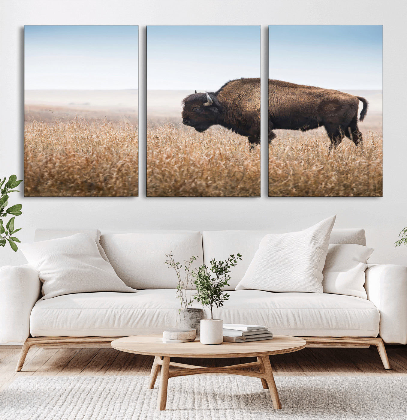 99620201-MGV-CV-60X30-3P-Wild Bison Wall Art Canvas Print, Framed Bison in Prairie Art Picture Print, Rustic Western Perfect Rustic Western Decor Artwork
