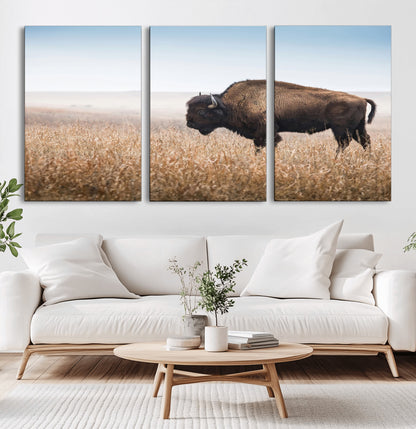 99620201-MGV-CV-60X30-3P-Wild Bison Wall Art Canvas Print, Framed Bison in Prairie Art Picture Print, Rustic Western Perfect Rustic Western Decor Artwork