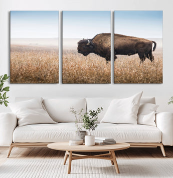 99620201-MGV-CV-36X24-Wild Bison Wall Art Canvas Print, Framed Bison in Prairie Art Picture Print, Rustic Western Perfect Rustic Western Decor Artwork