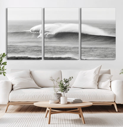 42544082-MGV-CV-60X30-3P-Monochrome Seascape Wall Art Canvas Print, Framed Surf Wave Art Picture Print, Minimalist Ocean Perfect Moody Coastal Decor