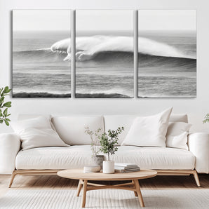 42544082-MGV-CV-36X24-Monochrome Seascape Wall Art Canvas Print, Framed Surf Wave Art Picture Print, Minimalist Ocean Perfect Moody Coastal Decor