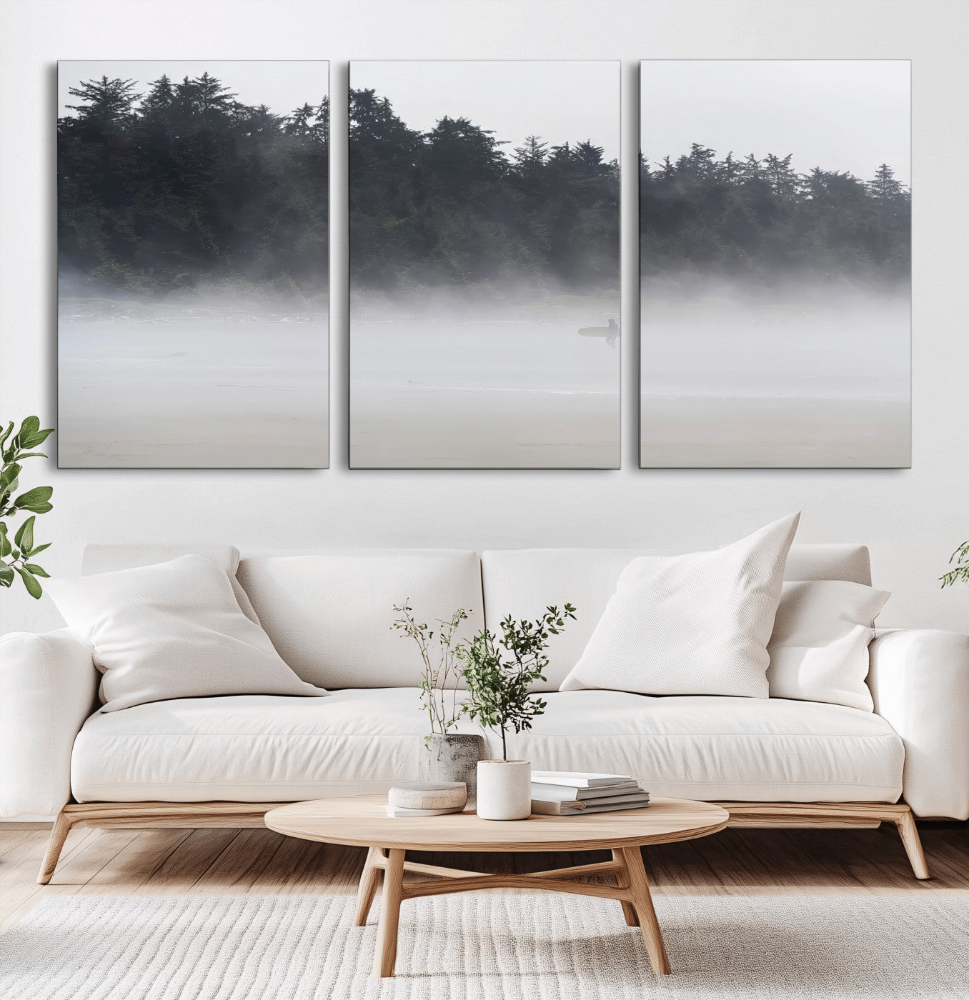 59703275-MGV-CV-60X30-3P-Surfer in Fog Wall Art Canvas Print, Framed Foggy Beach Art Picture Print, Coastal Surf Perfect Moody Coastal Decor Artwork