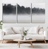 59703275-MGV-CV-60X30-3P-Surfer in Fog Wall Art Canvas Print, Framed Foggy Beach Art Picture Print, Coastal Surf Perfect Moody Coastal Decor Artwork