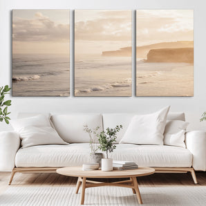 57669769-MGV-CV-36X24-Misty Coastal Wall Art Canvas Print, Framed Golden Sunset Art Picture Print, Serene Shoreline Perfect Tranquil Coastal Decor