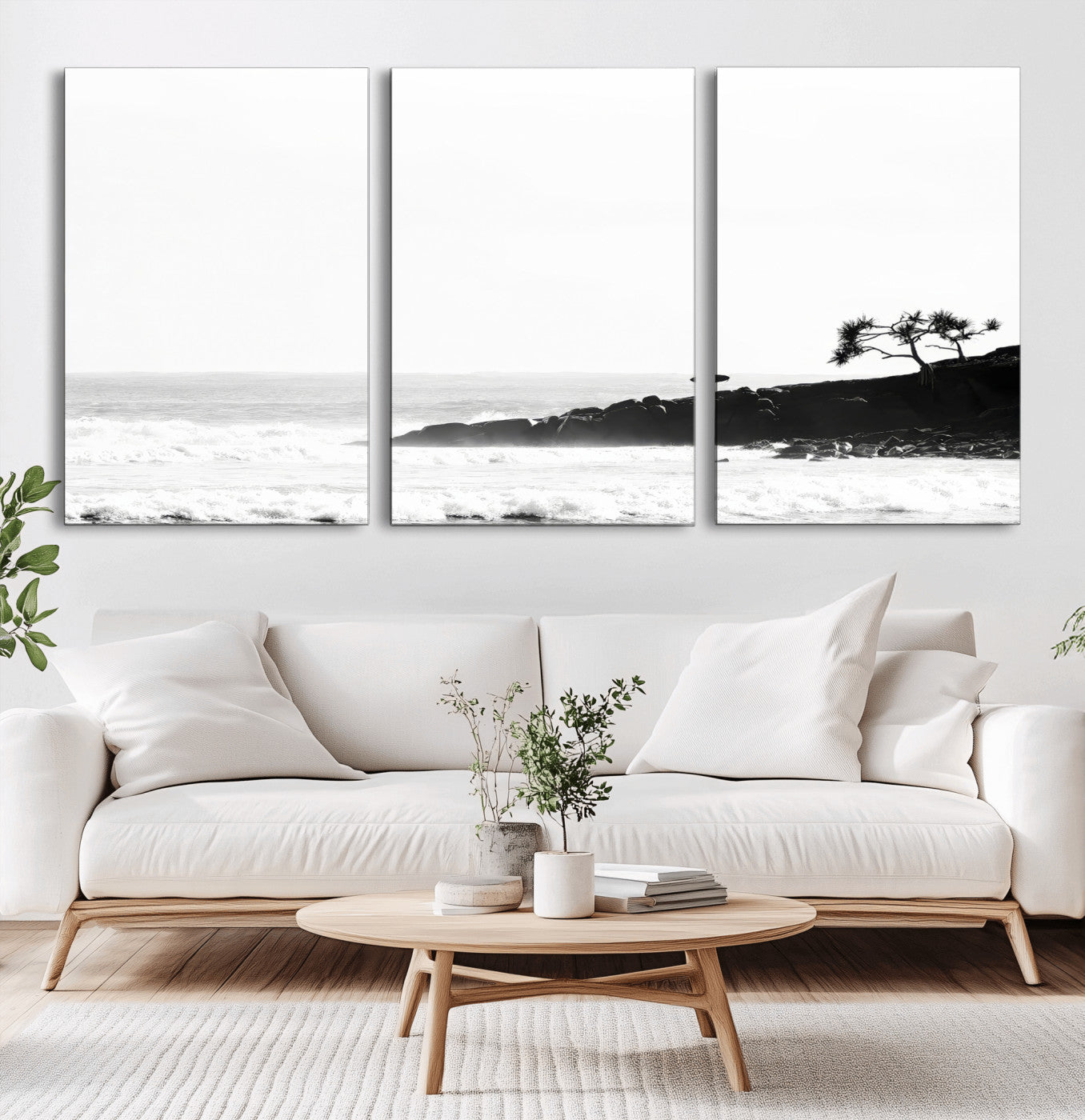 40875891-MGV-CV-60X30-3P-SurferCliffs Wall Art Canvas Print, Framed Black White Beach Art Picture Print, Ocean Waves Perfect Minimalist Coastal Decor