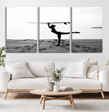 28441356-MGV-CV-60X30-3P-Yoga Surf Wall Art Canvas Print, Framed Black White Shore Art Picture Print, Peaceful Ocean Perfect Minimalist Coastal Decor