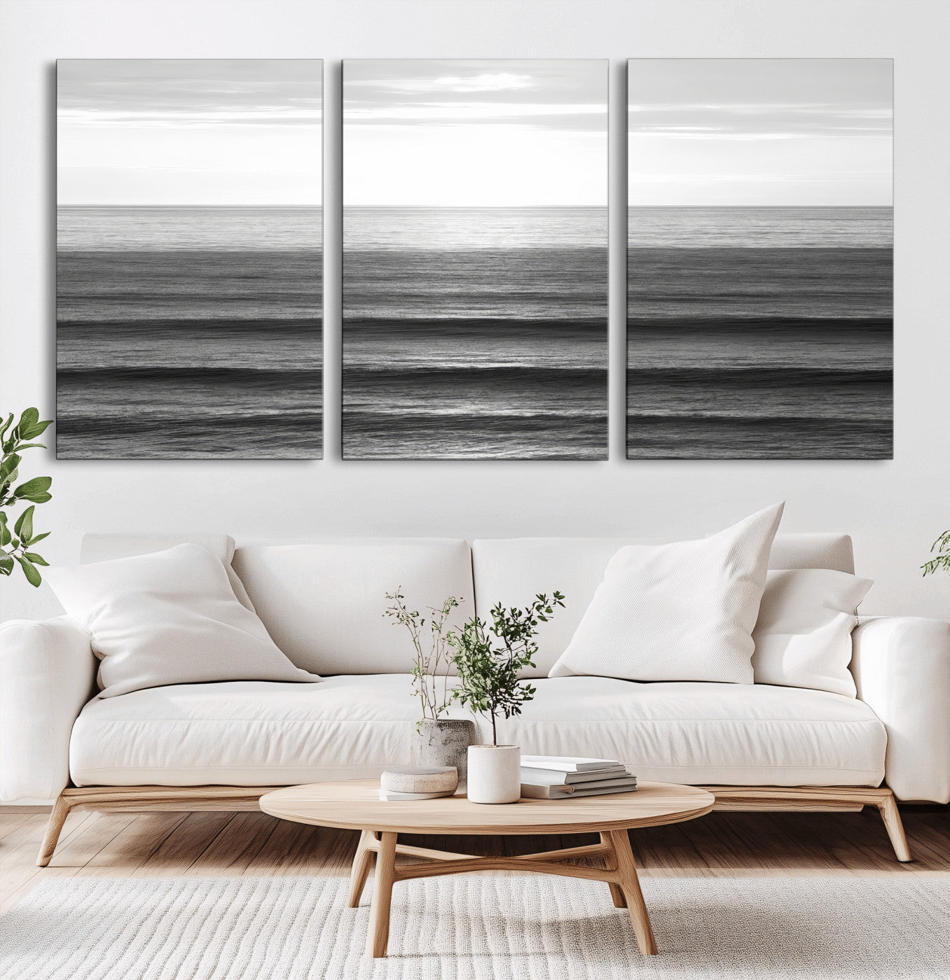 47305203-MGV-CV-60X30-3P-Monochrome Ocean Wall Art Canvas Print, Framed Moody Ocean Art Picture Print, Calm Ocean Perfect Minimalist Coastal Decor Artwork