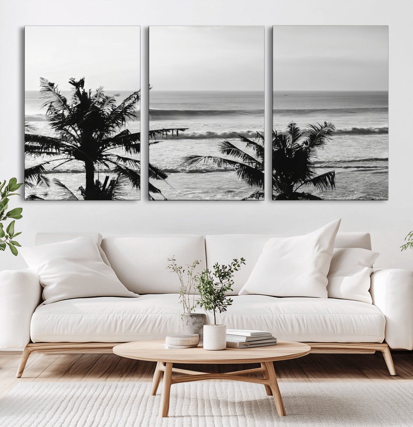 17508038-MGV-CV-36X24-Tropical Coastline Wall Art Canvas Print, Framed Palm Trees Art Picture Print, Ocean Waves Perfect Minimalist Coastal Decor