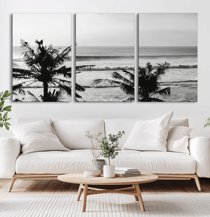17508038-MGV-CV-36X24-Tropical Coastline Wall Art Canvas Print, Framed Palm Trees Art Picture Print, Ocean Waves Perfect Minimalist Coastal Decor