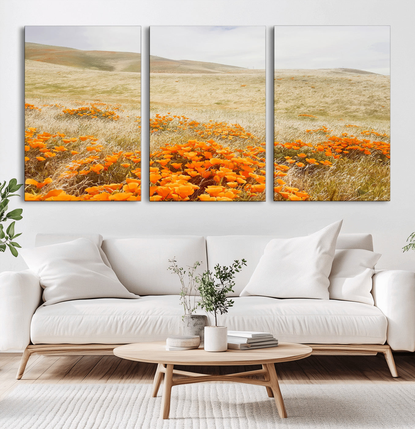 28972262-MGV-CV-60X30-3P-Golden Wildflowers Wall Art Canvas Print, Framed Hills Bloom Art Picture Print, Poppy Meadow Perfect Rustic Nature Decor Artwork